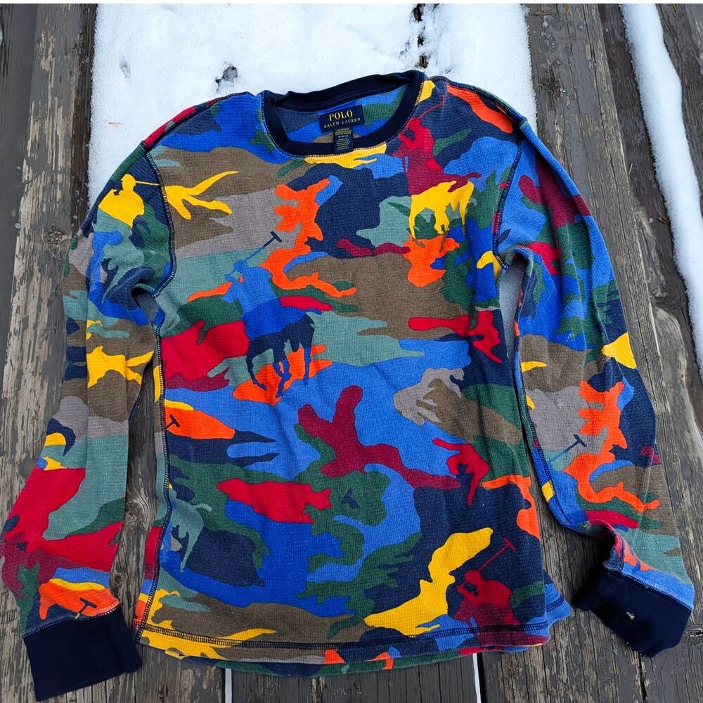 Polo Ralph Lauren Big Pony Waffle Knit Thermal Long Sleeve Camo Colorblock M - Picture 2 of 5